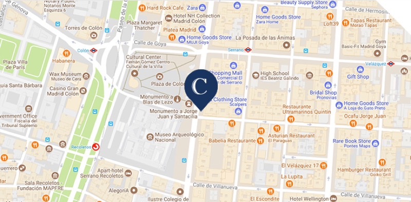 Street map showing the Madrid office at Calle Serrano 26 (opens in a new tab)