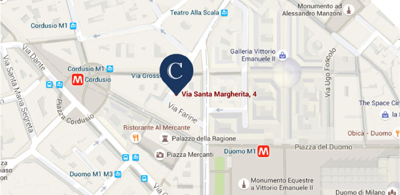 Street map showing the Milan office at Via Santa Margherita 4, near Piazza del Duomo (opens in a new tab)